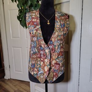 VTG Tapestry Teddy Bear Grannycore Vest Wmns Large/T414